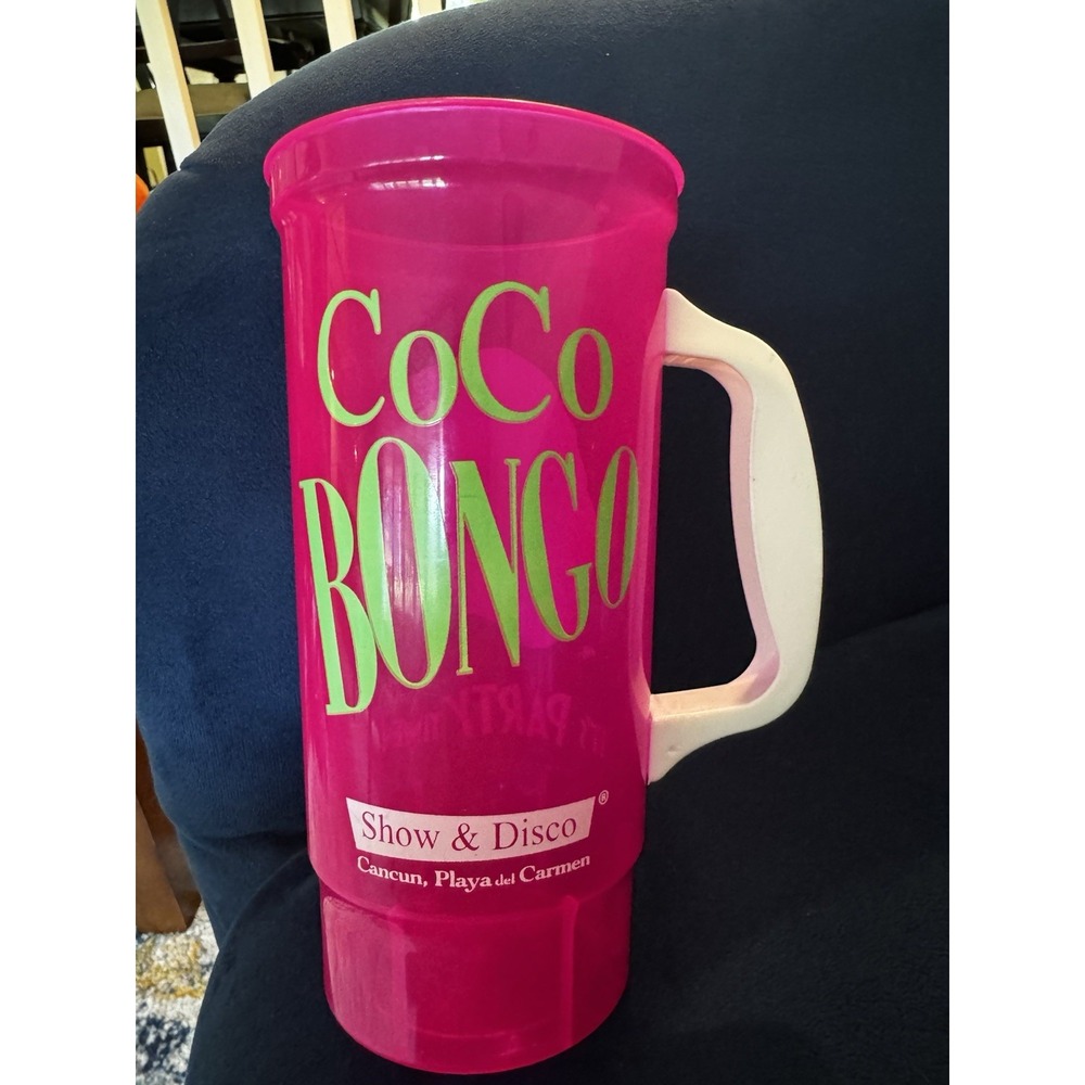 The Mask It's Party Time Pink Plastic Handled Cup Coco Bongo Mexico Vintage - Picture 3 of 7